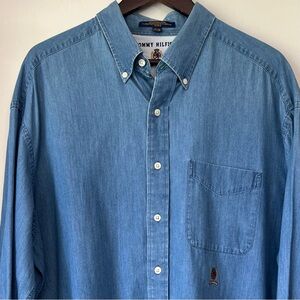 Tommy Hilfiger Vintage Denim Button Down Shirt Men’s 17 1/2 34 Crest Pocket